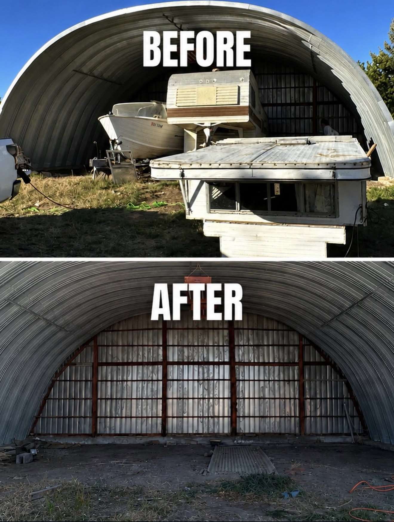 Before and after of a junk removal cleanout at a metal farm shed