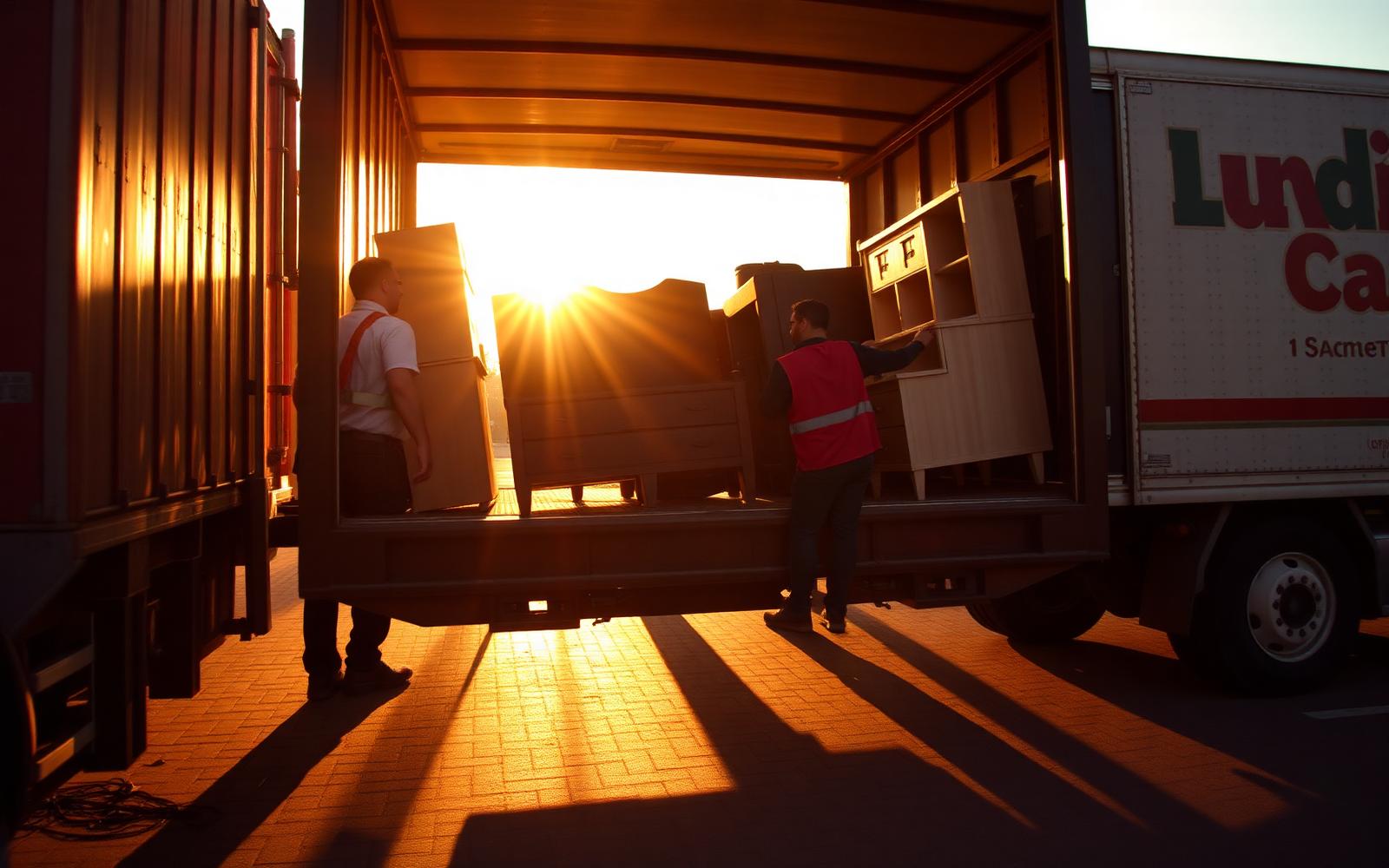JunkHunksCo crew loading furniture at golden hour